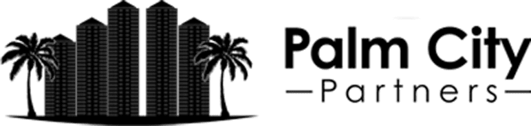 A palm tree and some buildings in front of the words " power plant ".