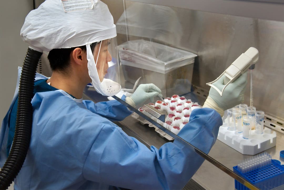 A person in blue lab coat and white hat working.