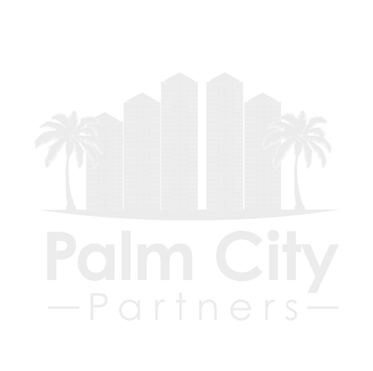 A white palm tree and buildings logo on top of a green background.